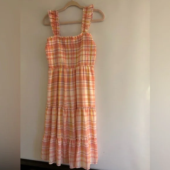 AS U WISH PINK/ORANGE PLAID SLEEVELESS SMOCKED MIDI DRESS SPRING/SUMMER SIZE L - Picture 2 of 12